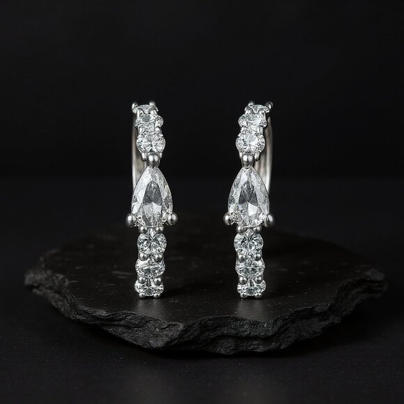 Ear Pear Shape 14K (or 18k upon request) White Gold Cuff Earrings - Picture 3 of 3